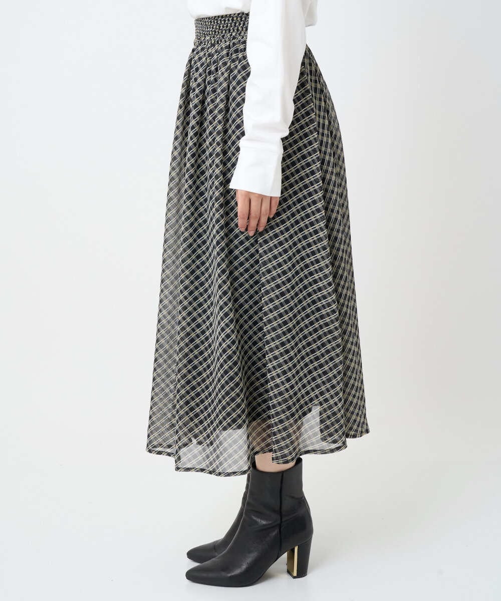 F1HAD04140 MK MICHEL KLEIN(小さいサイズ)(メゾン ドゥ サンク) 【小さいサイズ】チェック柄シフォンスカート/洗濯機で洗える ブラック