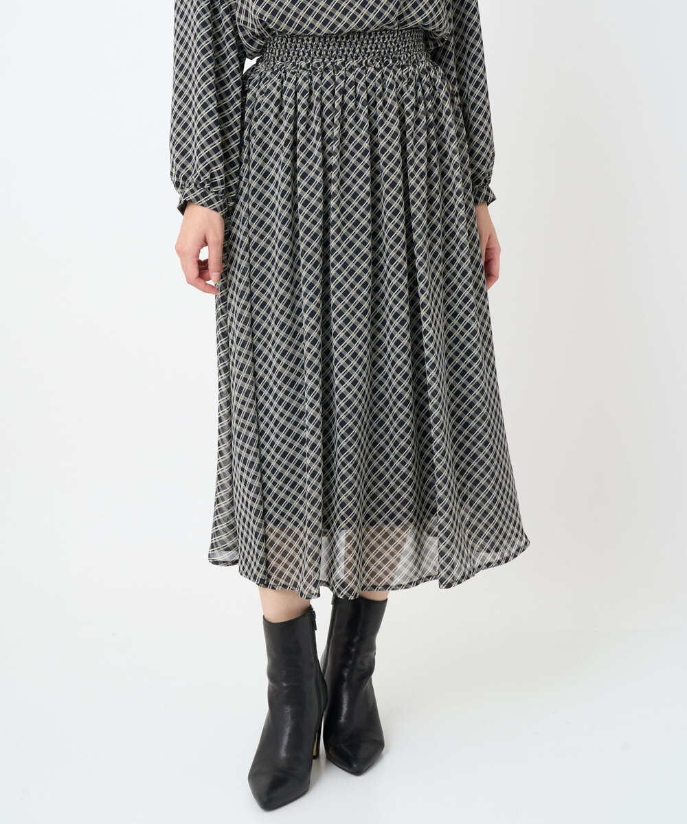 F1HAD04140 MK MICHEL KLEIN(小さいサイズ)(メゾン ドゥ サンク) 【小さいサイズ】チェック柄シフォンスカート/洗濯機で洗える ブラック