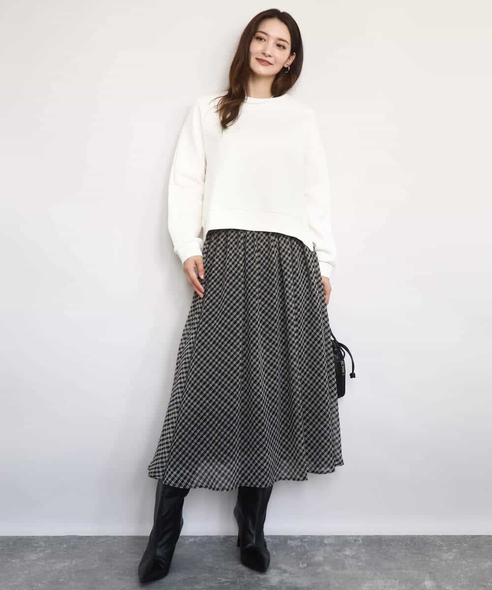 F1HAD04140 MK MICHEL KLEIN(小さいサイズ)(メゾン ドゥ サンク) 【小さいサイズ】チェック柄シフォンスカート/洗濯機で洗える ブラック