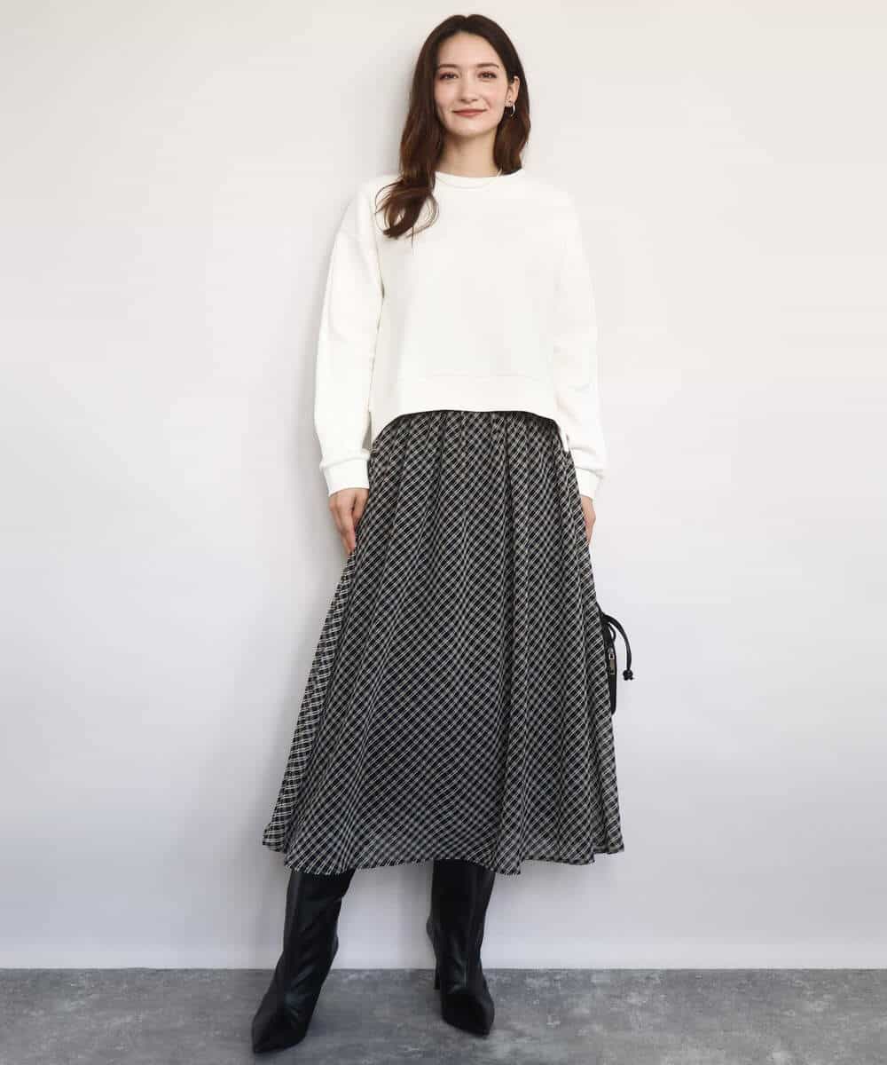 F1HAD04140 MK MICHEL KLEIN(小さいサイズ)(メゾン ドゥ サンク) 【小さいサイズ】チェック柄シフォンスカート/洗濯機で洗える ブラック