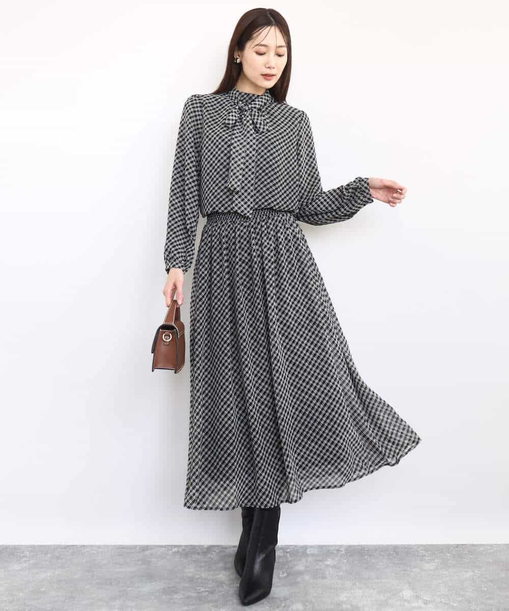F1HAD04140 MK MICHEL KLEIN(小さいサイズ)(メゾン ドゥ サンク) 【小さいサイズ】チェック柄シフォンスカート/洗濯機で洗える ブラック
