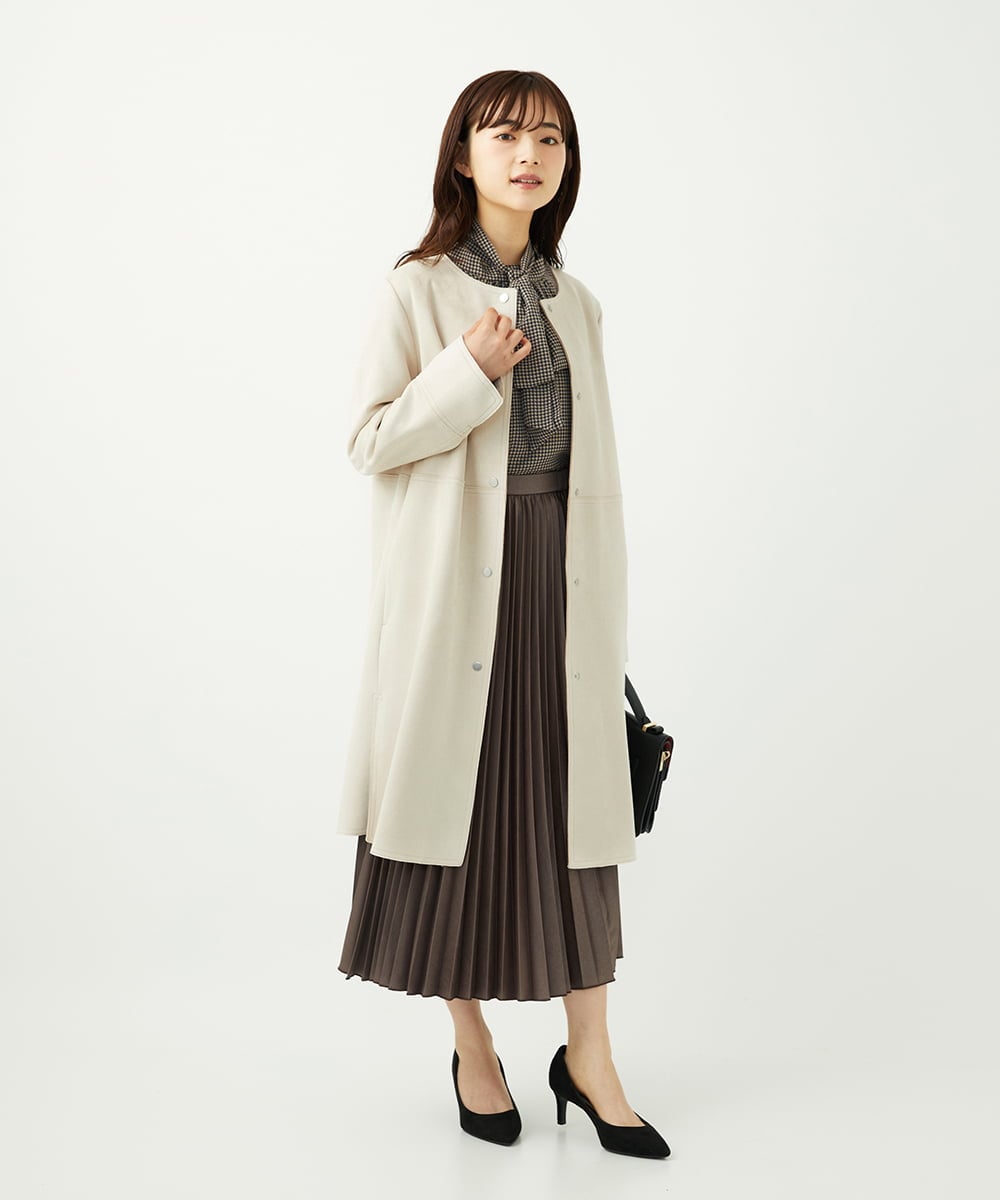 F1HAD38170 MK MICHEL KLEIN(小さいサイズ)(メゾン ドゥ サンク) 【小さいサイズ】レザー調ランダムプリーツスカート/洗える モカ