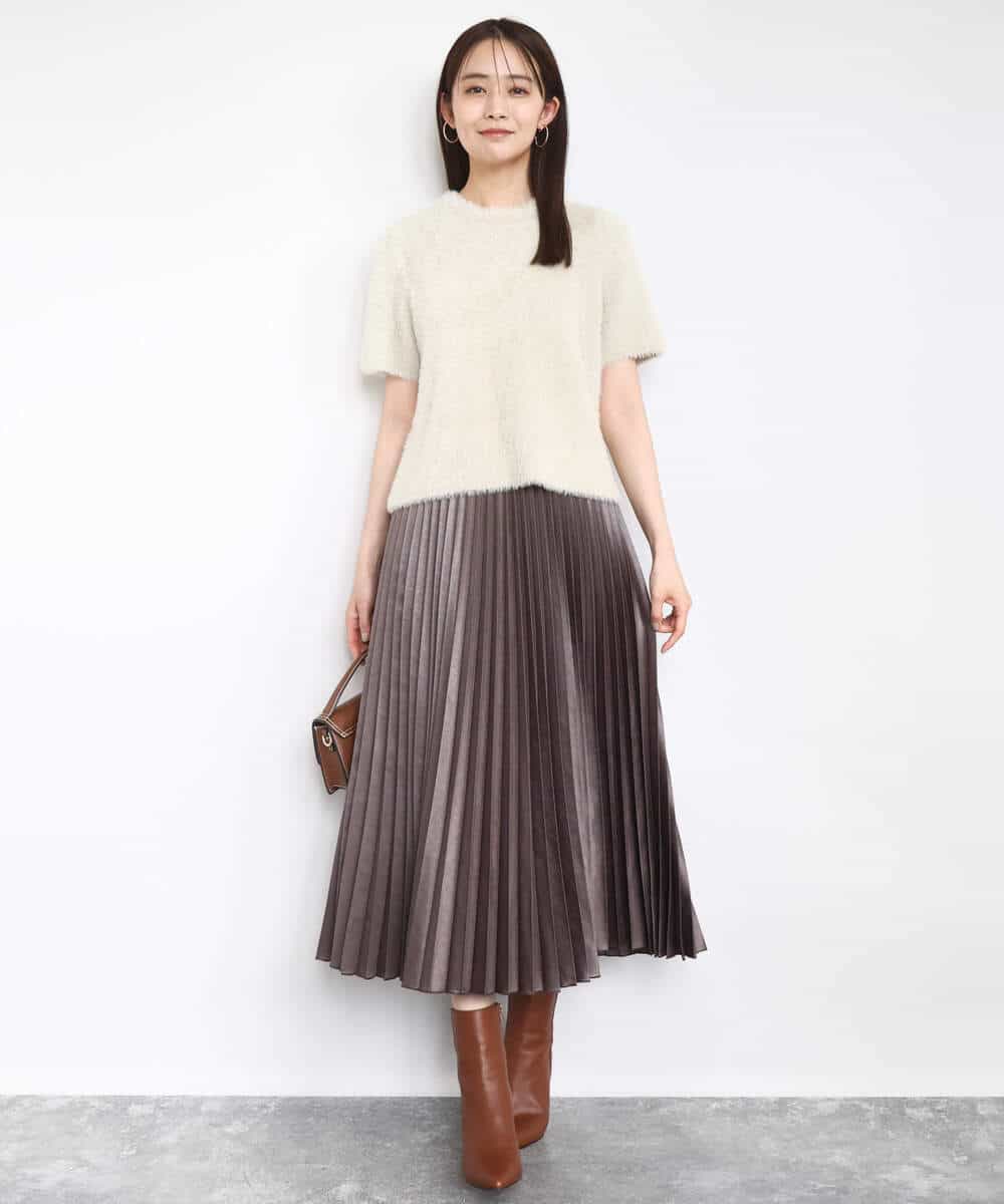 F1HAD38170 MK MICHEL KLEIN(小さいサイズ)(メゾン ドゥ サンク) 【小さいサイズ】レザー調ランダムプリーツスカート/洗える ベージュ