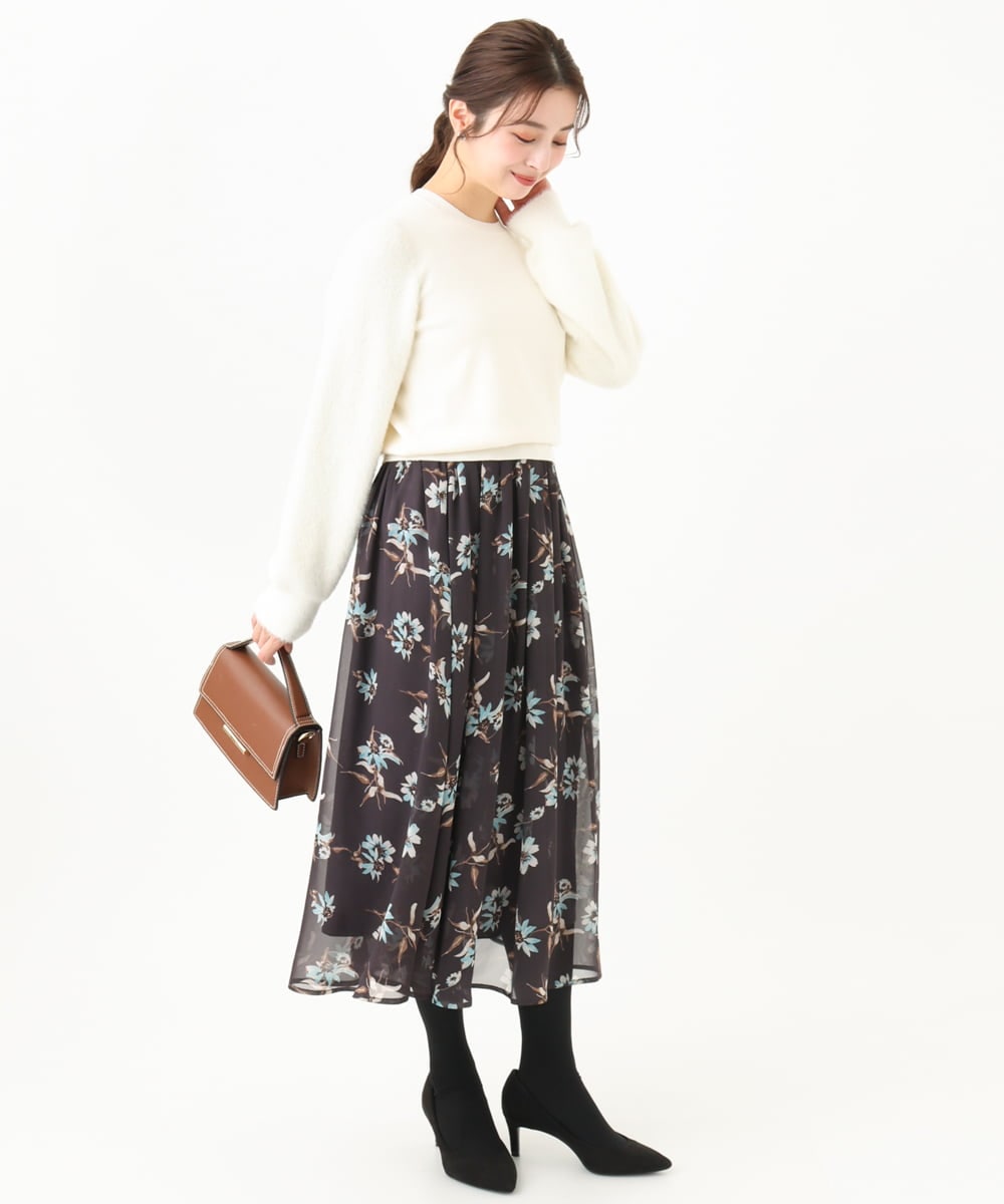F1HDA06140 MK MICHEL KLEIN(小さいサイズ)(メゾン ドゥ サンク) 【小さいサイズ】花柄シフォンスカート/丈の長さが選べる/洗える チャコールブラウン