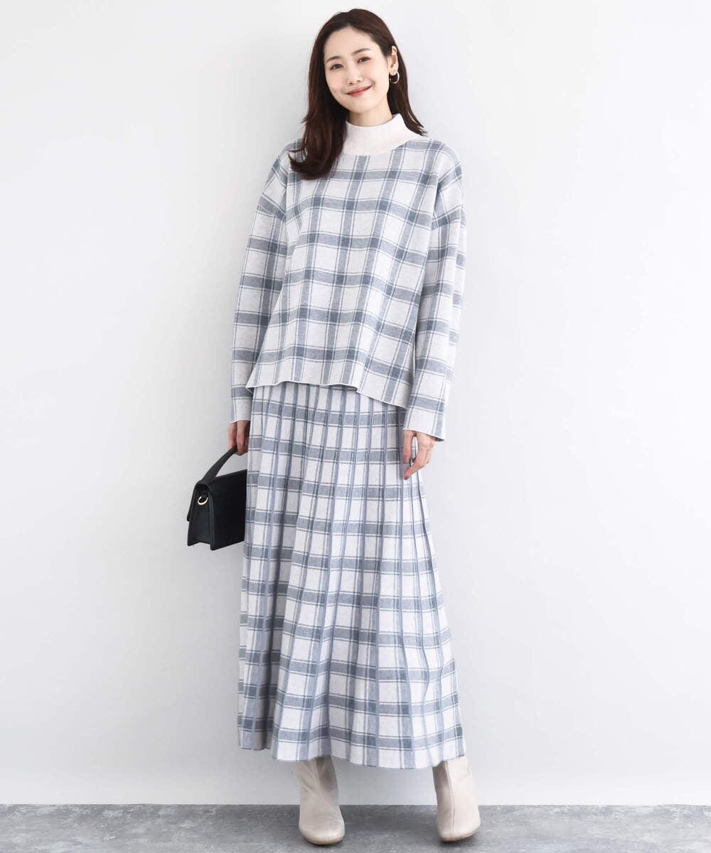 F1HDD01170 MK MICHEL KLEIN(小さいサイズ)(メゾン ドゥ サンク) チェック柄プリーツニットスカート/洗える ネイビー