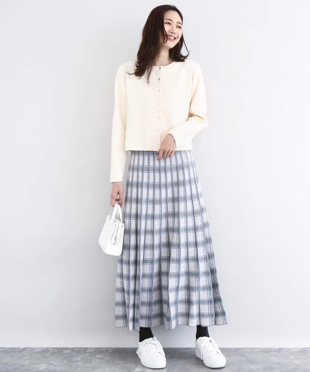 F1HDD01170 MK MICHEL KLEIN(小さいサイズ)(メゾン ドゥ サンク) チェック柄プリーツニットスカート/洗える ネイビー