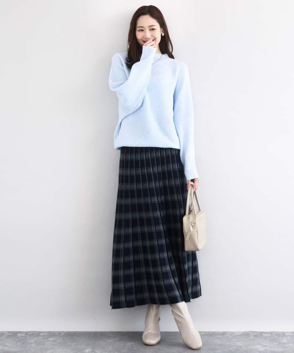 F1HDD01170 MK MICHEL KLEIN(小さいサイズ)(メゾン ドゥ サンク) チェック柄プリーツニットスカート/洗える ネイビー
