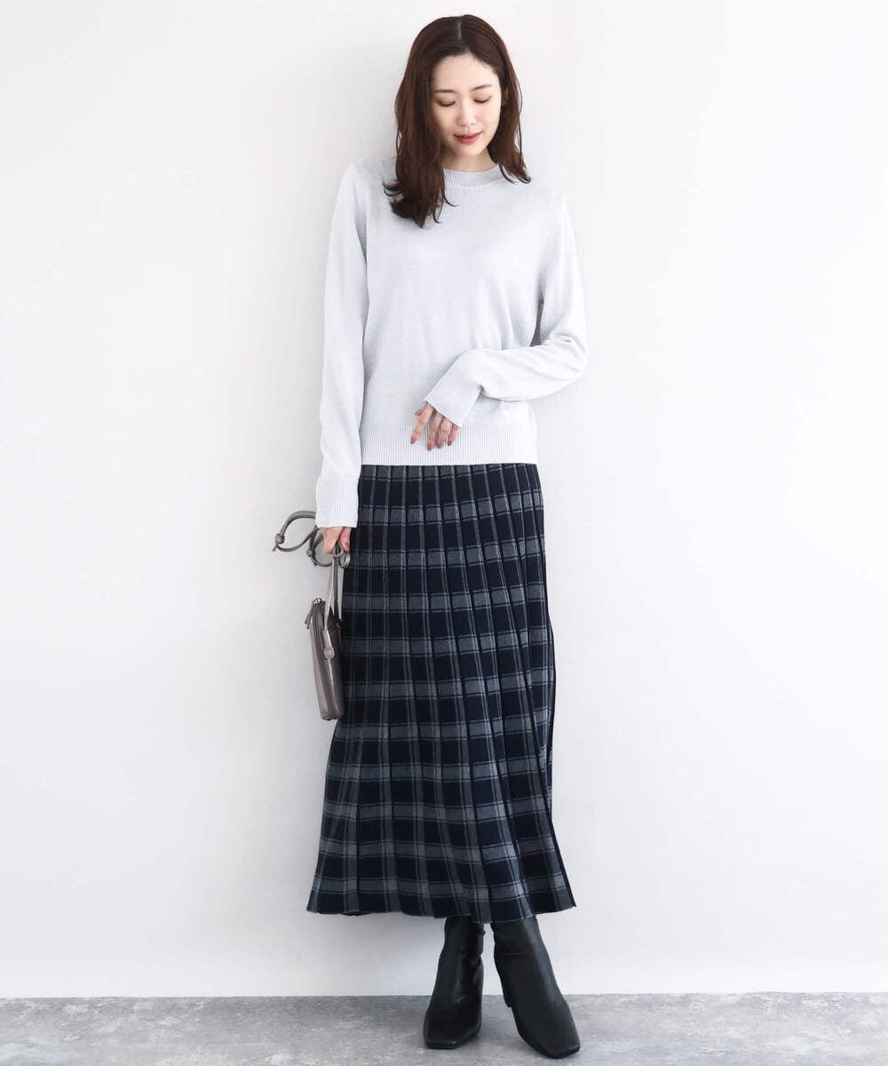 F1HDD01170 MK MICHEL KLEIN(小さいサイズ)(メゾン ドゥ サンク) チェック柄プリーツニットスカート/洗える ネイビー