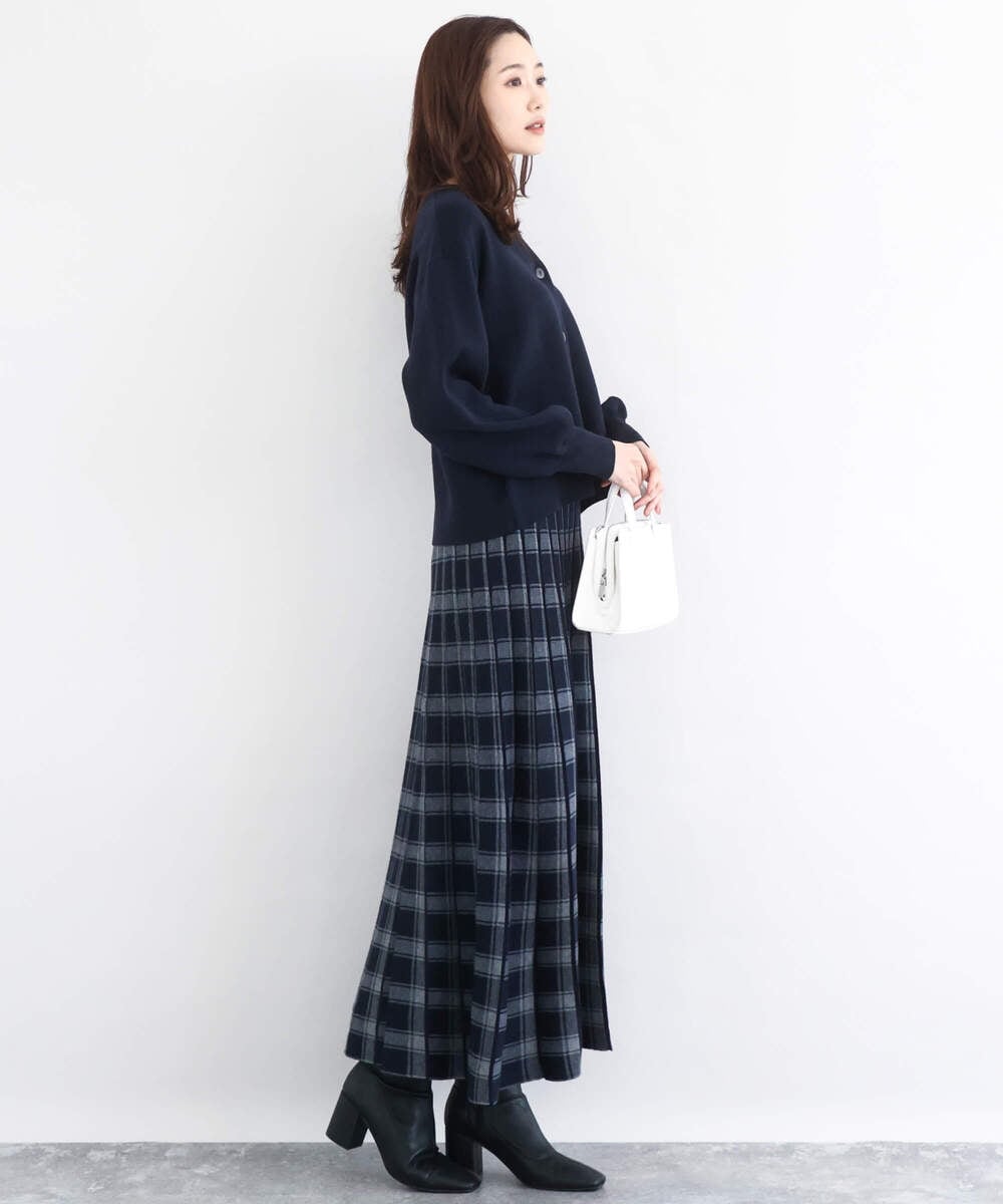 F1HDD01170 MK MICHEL KLEIN(小さいサイズ)(メゾン ドゥ サンク) チェック柄プリーツニットスカート/洗える ネイビー