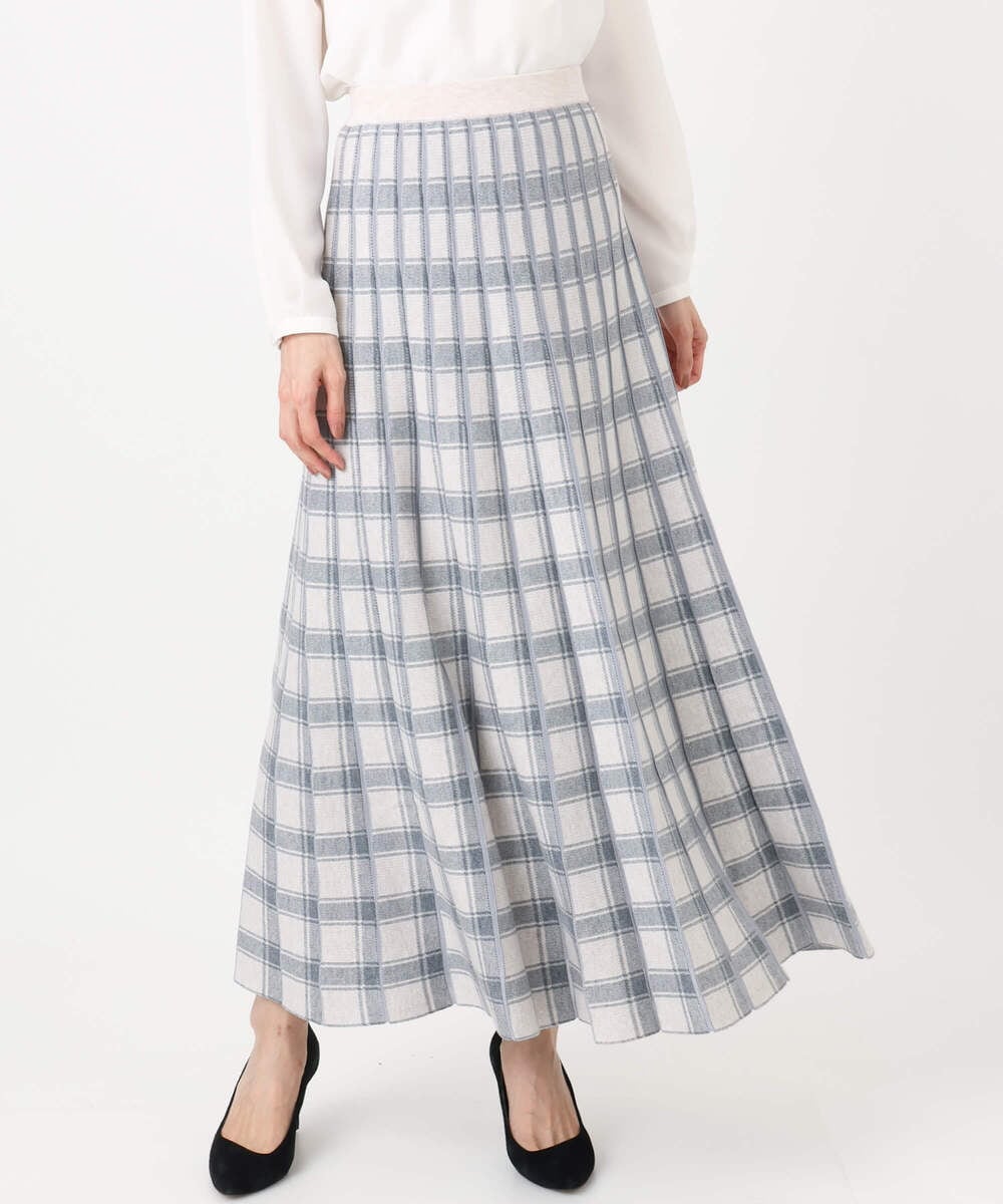 F1HDD01170 MK MICHEL KLEIN(小さいサイズ)(メゾン ドゥ サンク) チェック柄プリーツニットスカート/洗える ネイビー