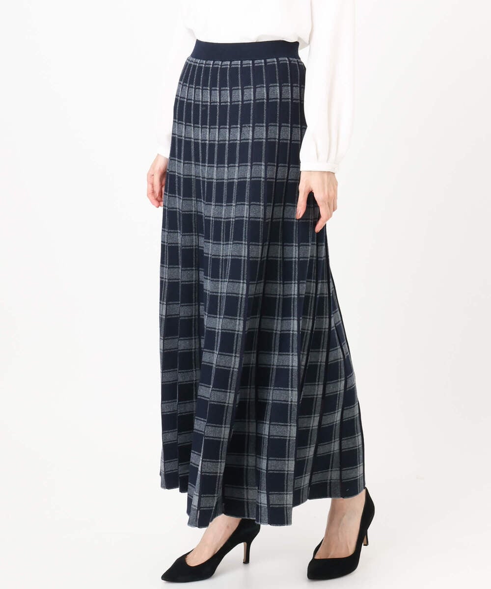 F1HDD01170 MK MICHEL KLEIN(小さいサイズ)(メゾン ドゥ サンク) チェック柄プリーツニットスカート/洗える ネイビー