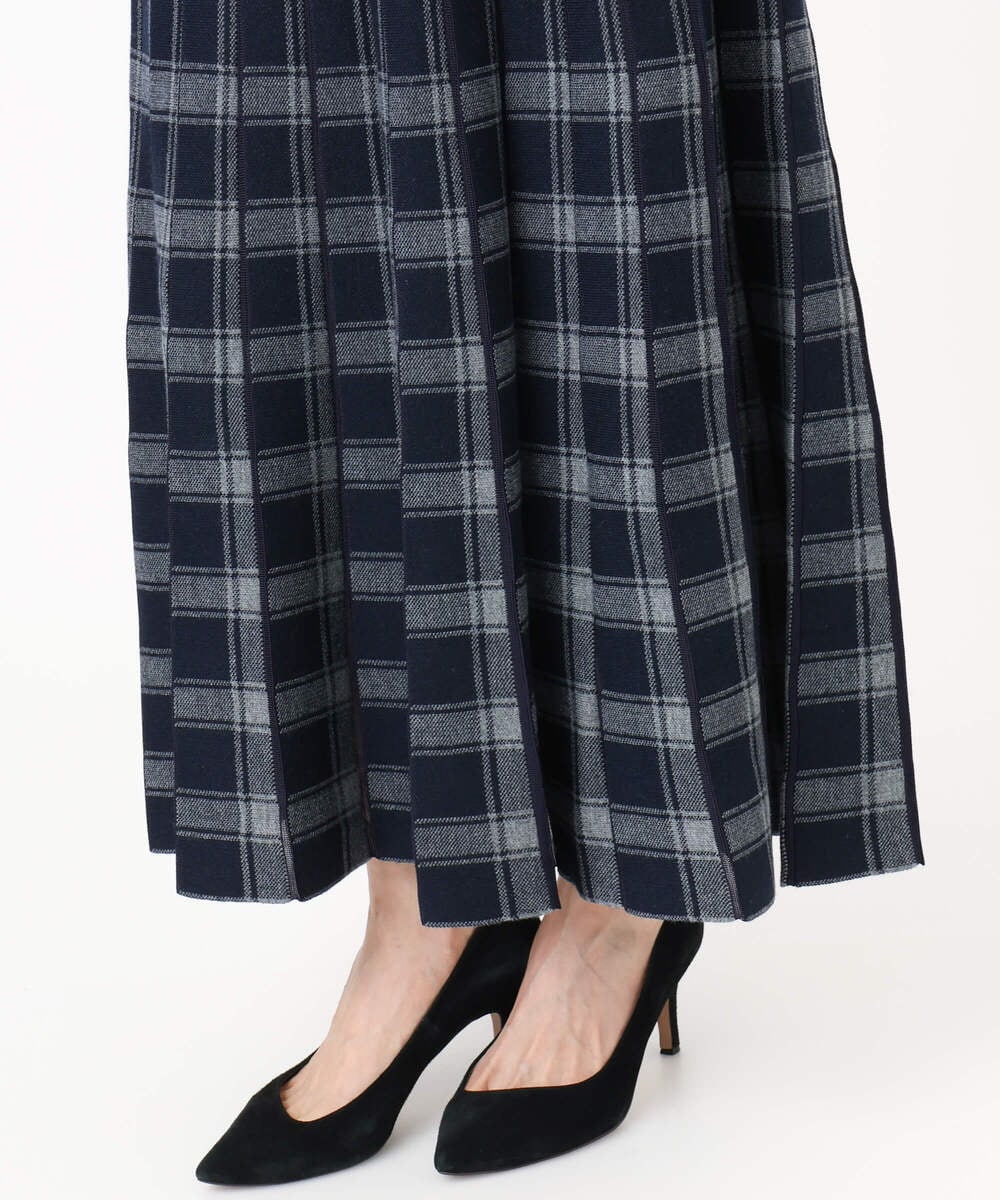 F1HDD01170 MK MICHEL KLEIN(小さいサイズ)(メゾン ドゥ サンク) チェック柄プリーツニットスカート/洗える ネイビー
