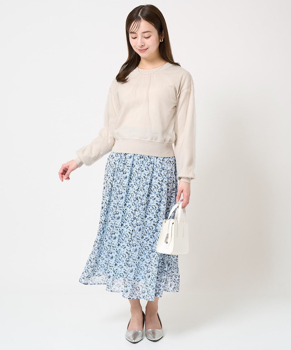 F1HFA09140 MK MICHEL KLEIN(小さいサイズ)(メゾン ドゥ サンク) 【小さいサイズ】花柄シフォンスカート/丈の長さが選べる/洗える ライトブルー
