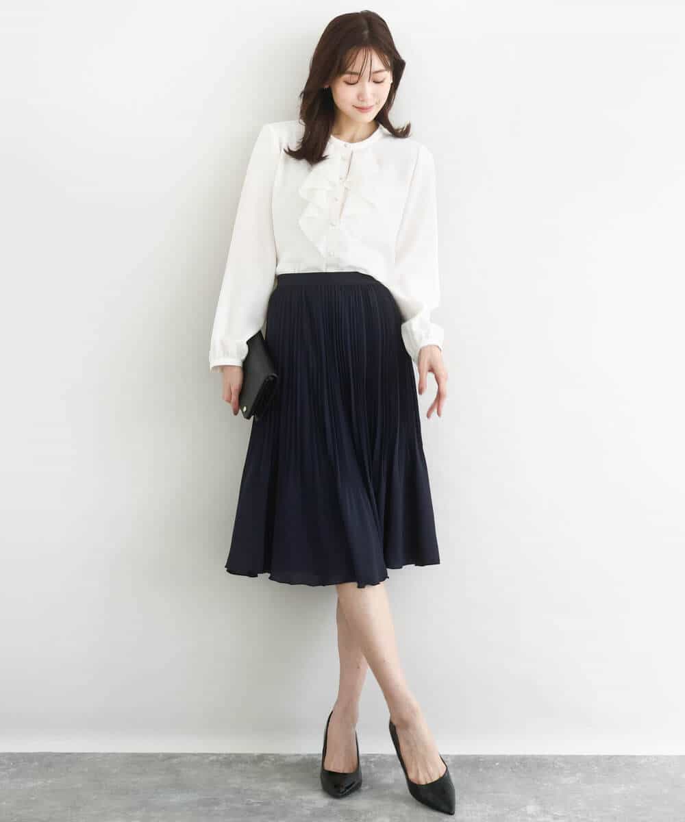 F1HFD12150 MK MICHEL KLEIN(小さいサイズ)(メゾン ドゥ サンク) リバーシブルシフォンプリーツスカート/洗える ネイビー