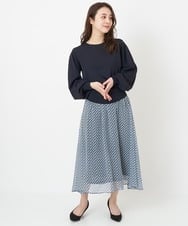 F1HFS01140 MK MICHEL KLEIN(小さいサイズ)(メゾン ドゥ サンク) 【小さいサイズ】レトロ幾何学柄シフォンスカート/丈の長さが選べる/洗える ブルー