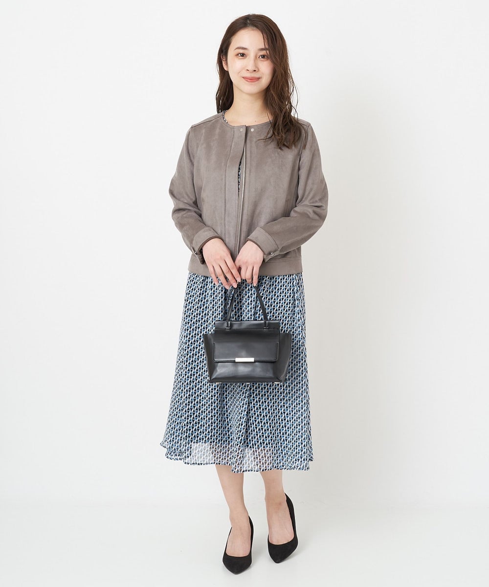 F1HFS01140 MK MICHEL KLEIN(小さいサイズ)(メゾン ドゥ サンク) 【小さいサイズ】レトロ幾何学柄シフォンスカート/丈の長さが選べる/洗える ブルー