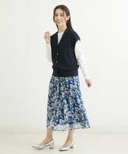 F1HFS03140 MK MICHEL KLEIN(小さいサイズ)(メゾン ドゥ サンク) 【小さいサイズ】ラインフラワープリントスカート/丈の長さが選べる/洗える ブルー
