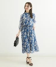 F1HFS03140 MK MICHEL KLEIN(小さいサイズ)(メゾン ドゥ サンク) 【小さいサイズ】ラインフラワープリントスカート/丈の長さが選べる/洗える ブルー