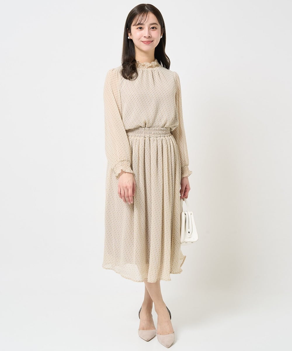 F1HGA03140 MK MICHEL KLEIN(小さいサイズ)(メゾン ドゥ サンク) 【小さいサイズ】幾何柄シフォンスカート/丈の長さが選べる/洗える ベージュ