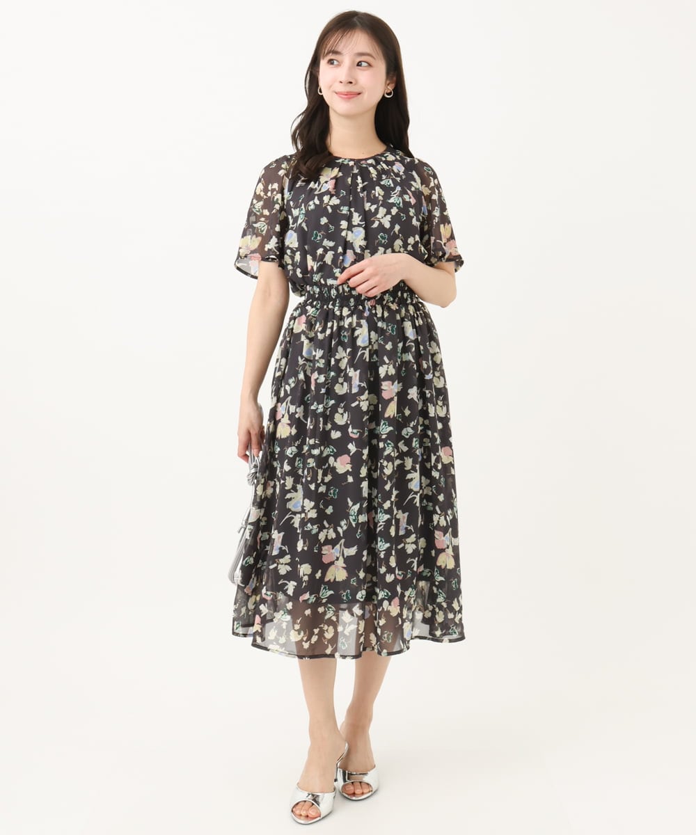 F1HGA04140 MK MICHEL KLEIN(小さいサイズ)(メゾン ドゥ サンク) 【小さいサイズ】花柄シフォンスカート/洗える チャコール