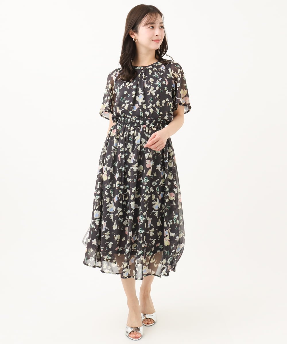 F1HGA04140 MK MICHEL KLEIN(小さいサイズ)(メゾン ドゥ サンク) 【小さいサイズ】花柄シフォンスカート/洗える チャコール