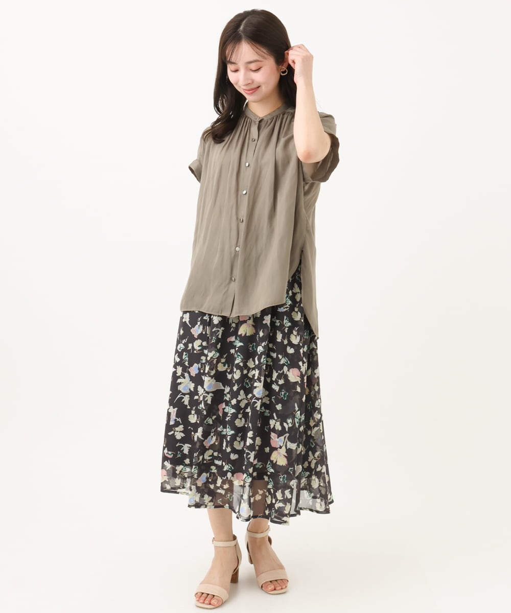 F1HGA04140 MK MICHEL KLEIN(小さいサイズ)(メゾン ドゥ サンク) 【小さいサイズ】花柄シフォンスカート/洗える チャコール