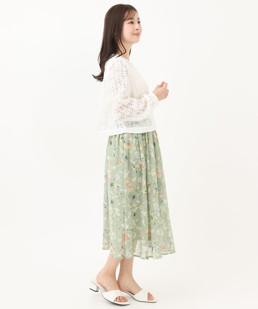 F1HGA04140 MK MICHEL KLEIN(小さいサイズ)(メゾン ドゥ サンク) 【小さいサイズ】花柄シフォンスカート/洗える チャコール