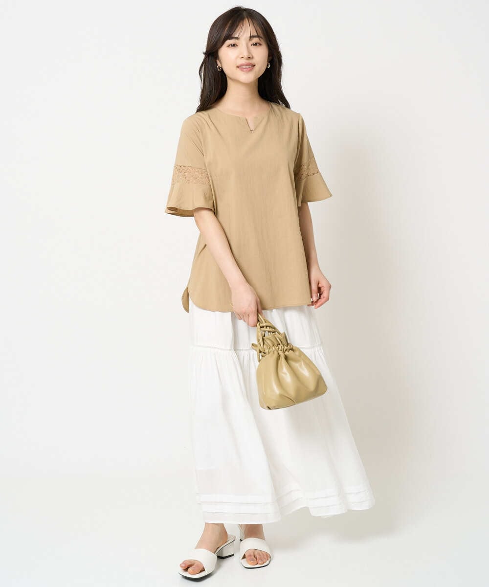 F1HGA56160 MK MICHEL KLEIN(小さいサイズ)(メゾン ドゥ サンク) 【小さいサイズ】ハシゴレース使いフレアースカート/洗える ライトブルー