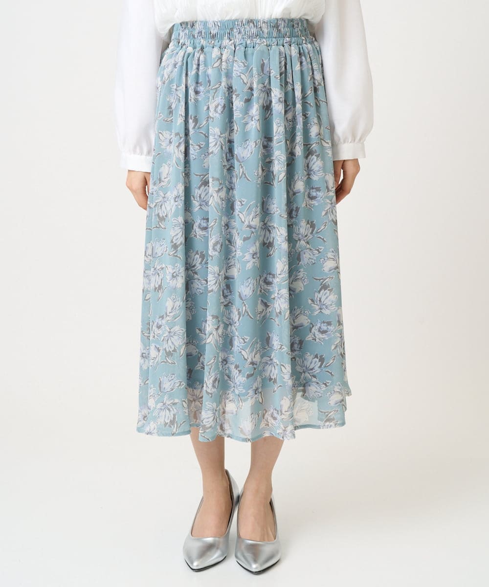 F1HGD01140 MK MICHEL KLEIN(小さいサイズ)(メゾン ドゥ サンク) 【小さいサイズ】花柄シフォンスカート/丈の長さが選べる/洗濯機で洗える/セットアップ対応 ミントブルー