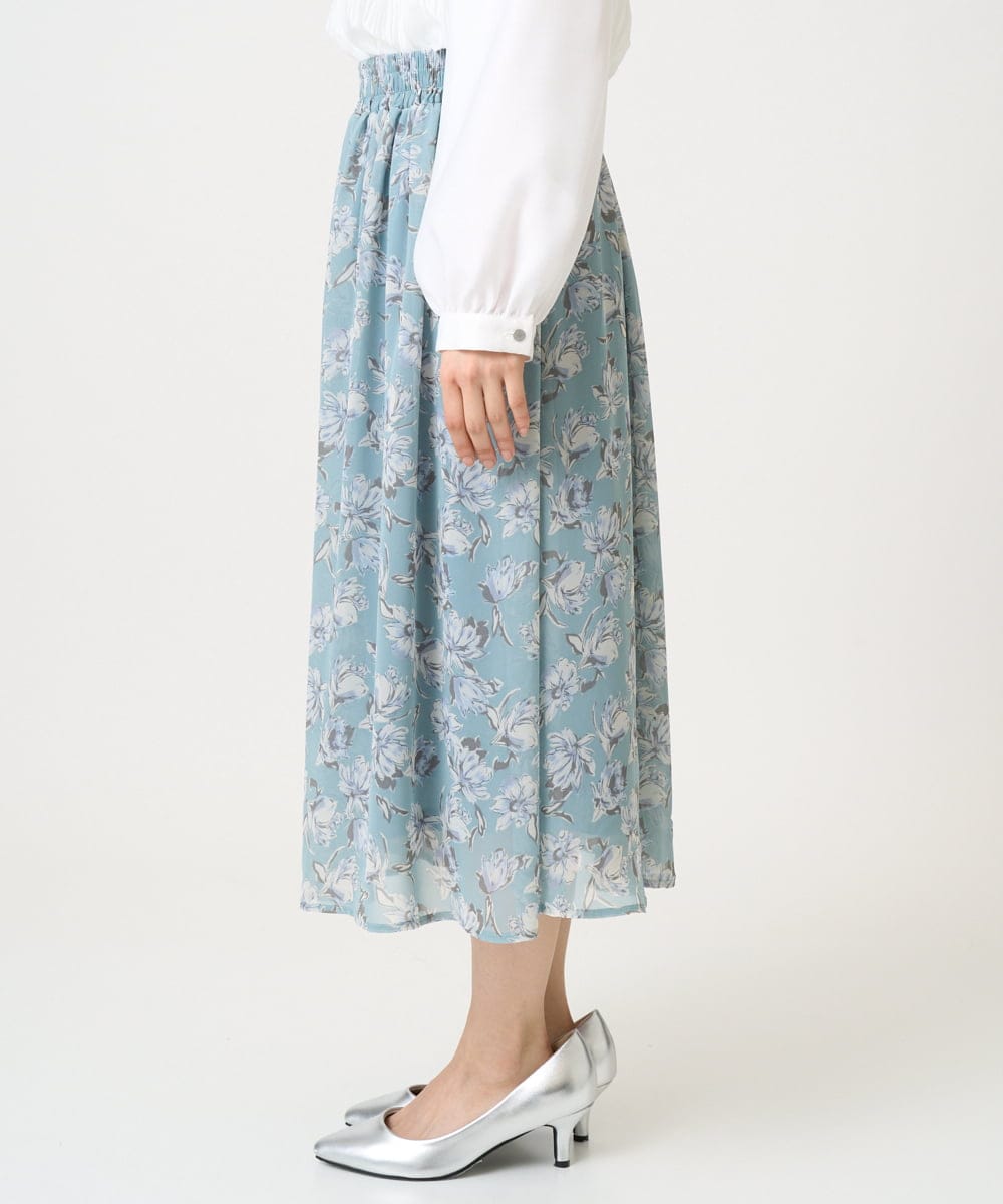 F1HGD01140 MK MICHEL KLEIN(小さいサイズ)(メゾン ドゥ サンク) 【小さいサイズ】花柄シフォンスカート/丈の長さが選べる/洗濯機で洗える/セットアップ対応 ミントブルー