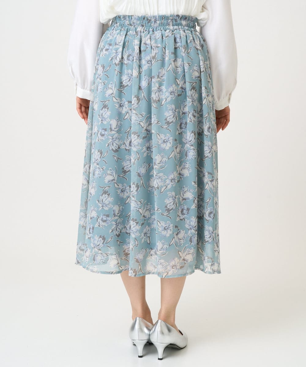 F1HGD01140 MK MICHEL KLEIN(小さいサイズ)(メゾン ドゥ サンク) 【小さいサイズ】花柄シフォンスカート/丈の長さが選べる/洗濯機で洗える/セットアップ対応 ミントブルー