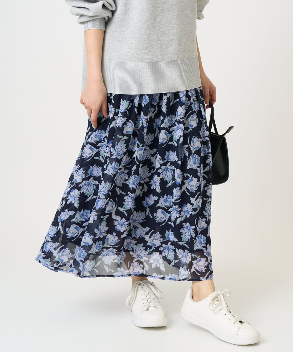 F1HGD01140 MK MICHEL KLEIN(小さいサイズ)(メゾン ドゥ サンク) 【小さいサイズ】花柄シフォンスカート/丈の長さが選べる/洗濯機で洗える/セットアップ対応 ミントブルー