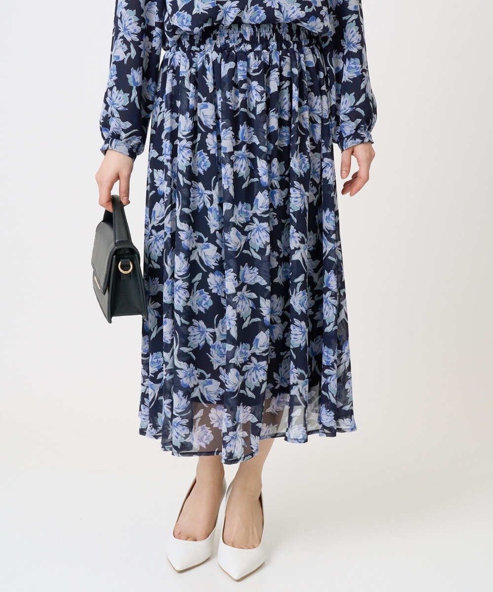 F1HGD01140 MK MICHEL KLEIN(小さいサイズ)(メゾン ドゥ サンク) 【小さいサイズ】花柄シフォンスカート/丈の長さが選べる/洗濯機で洗える/セットアップ対応 ミントブルー