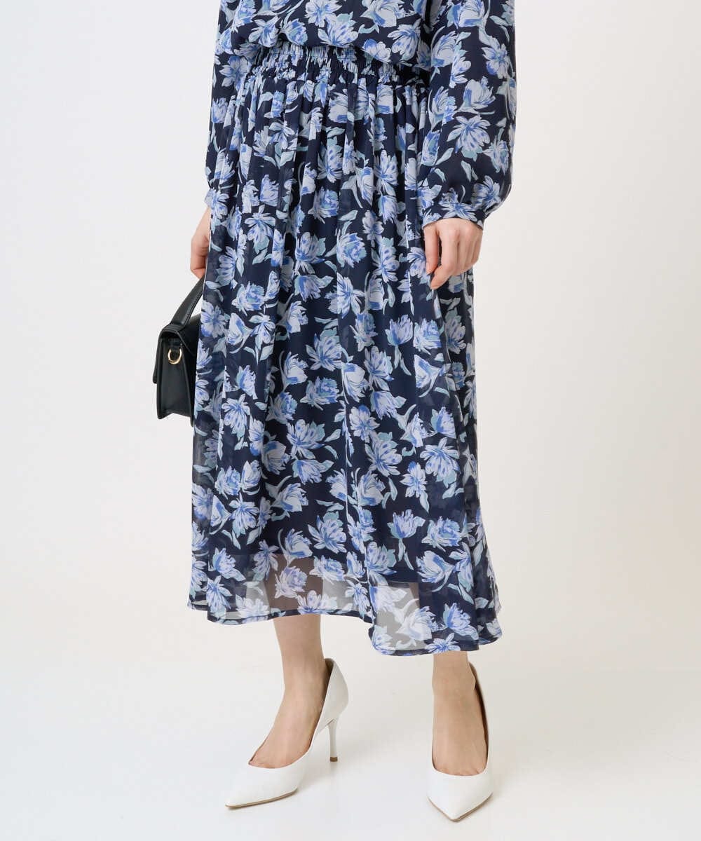 F1HGD01140 MK MICHEL KLEIN(小さいサイズ)(メゾン ドゥ サンク) 【小さいサイズ】花柄シフォンスカート/丈の長さが選べる/洗濯機で洗える/セットアップ対応 ミントブルー