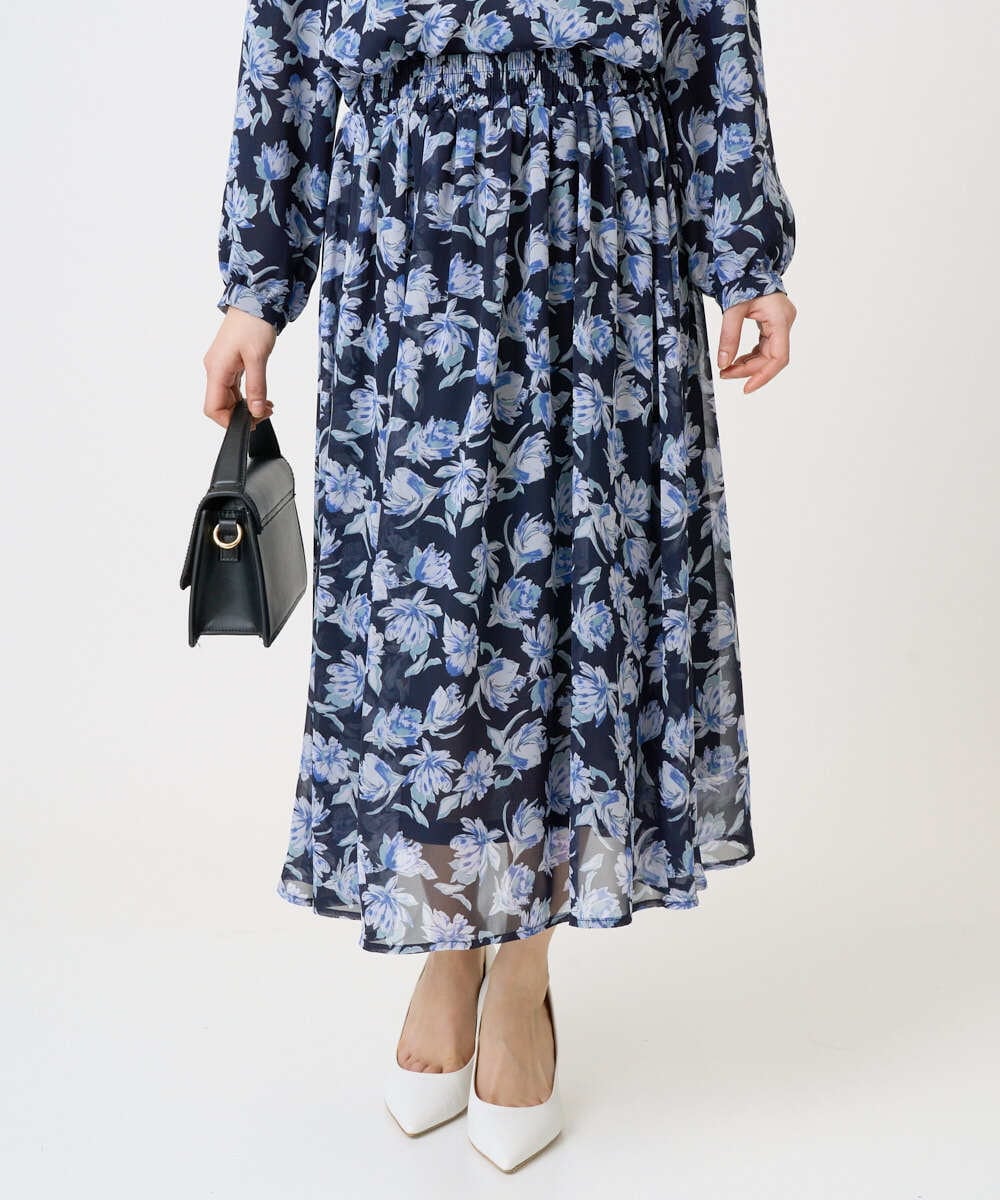 F1HGD01140 MK MICHEL KLEIN(小さいサイズ)(メゾン ドゥ サンク) 【小さいサイズ】花柄シフォンスカート/丈の長さが選べる/洗濯機で洗える/セットアップ対応 ミントブルー