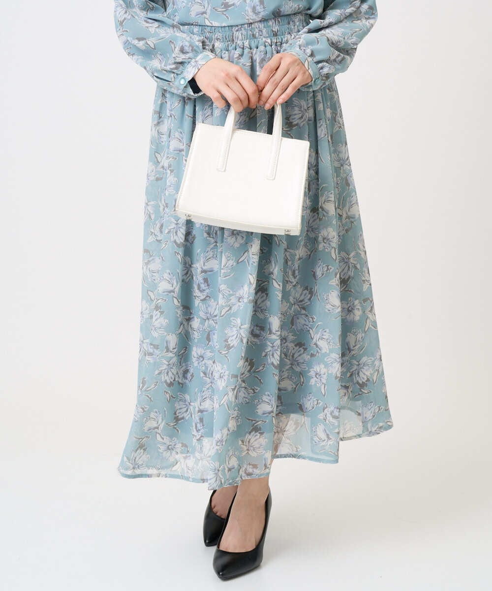 F1HGD01140 MK MICHEL KLEIN(小さいサイズ)(メゾン ドゥ サンク) 【小さいサイズ】花柄シフォンスカート/丈の長さが選べる/洗濯機で洗える/セットアップ対応 ミントブルー