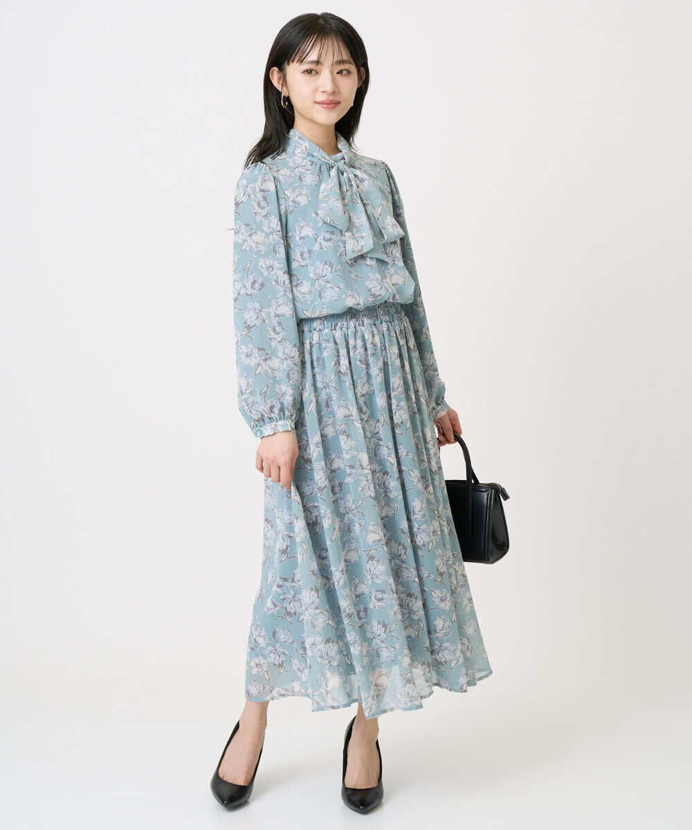 F1HGD01140 MK MICHEL KLEIN(小さいサイズ)(メゾン ドゥ サンク) 【小さいサイズ】花柄シフォンスカート/丈の長さが選べる/洗濯機で洗える/セットアップ対応 ミントブルー