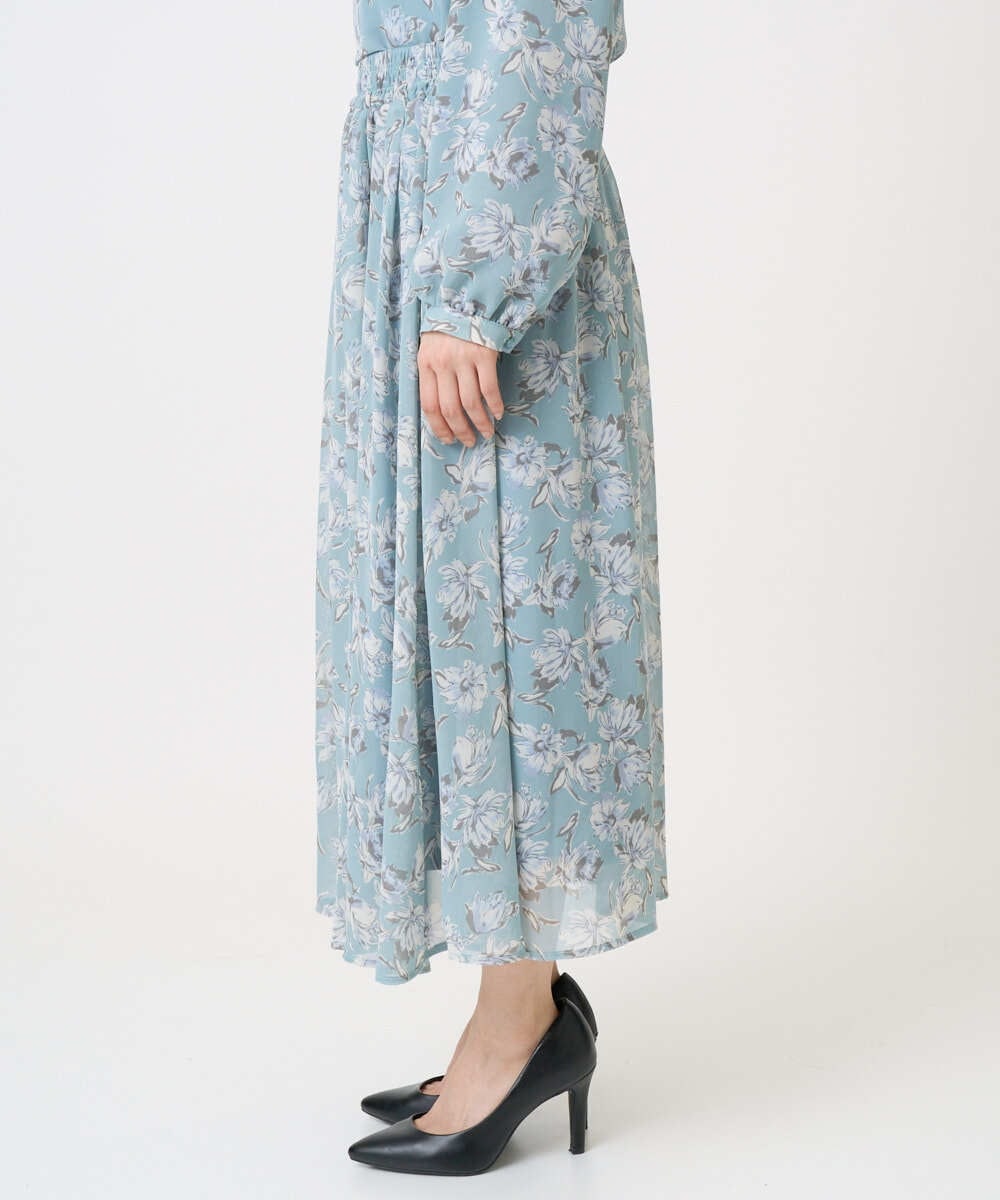 F1HGD01140 MK MICHEL KLEIN(小さいサイズ)(メゾン ドゥ サンク) 【小さいサイズ】花柄シフォンスカート/丈の長さが選べる/洗濯機で洗える/セットアップ対応 ミントブルー