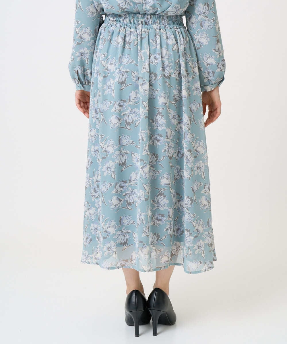F1HGD01140 MK MICHEL KLEIN(小さいサイズ)(メゾン ドゥ サンク) 【小さいサイズ】花柄シフォンスカート/丈の長さが選べる/洗濯機で洗える/セットアップ対応 ミントブルー