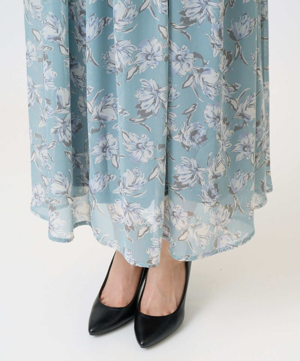 F1HGD01140 MK MICHEL KLEIN(小さいサイズ)(メゾン ドゥ サンク) 【小さいサイズ】花柄シフォンスカート/丈の長さが選べる/洗濯機で洗える/セットアップ対応 ミントブルー