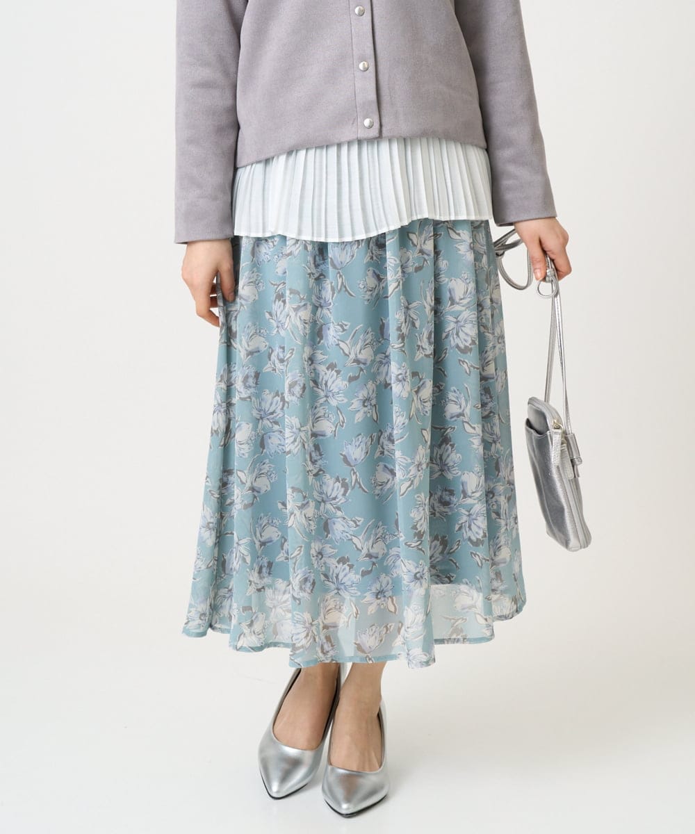 F1HGD01140 MK MICHEL KLEIN(小さいサイズ)(メゾン ドゥ サンク) 【小さいサイズ】花柄シフォンスカート/丈の長さが選べる/洗濯機で洗える/セットアップ対応 ミントブルー