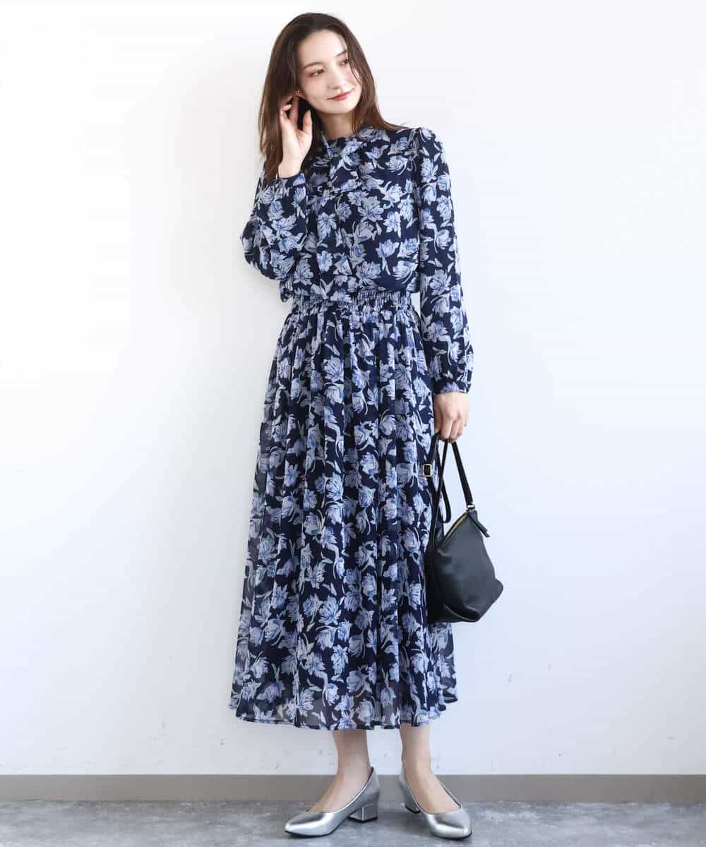 F1HGD01140 MK MICHEL KLEIN(小さいサイズ)(メゾン ドゥ サンク) 【小さいサイズ】花柄シフォンスカート/丈の長さが選べる/洗濯機で洗える/セットアップ対応 ミントブルー