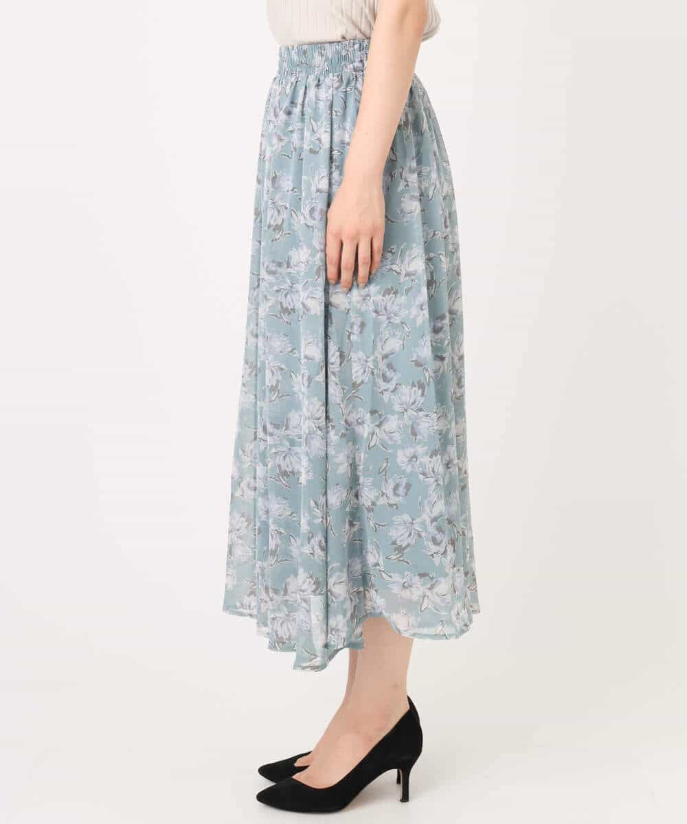 F1HGD01140 MK MICHEL KLEIN(小さいサイズ)(メゾン ドゥ サンク) 【小さいサイズ】花柄シフォンスカート/丈の長さが選べる/洗濯機で洗える/セットアップ対応 ミントブルー