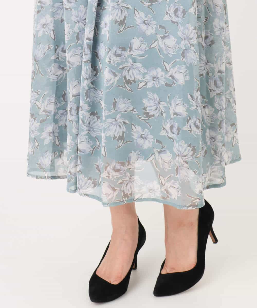F1HGD01140 MK MICHEL KLEIN(小さいサイズ)(メゾン ドゥ サンク) 【小さいサイズ】花柄シフォンスカート/丈の長さが選べる/洗濯機で洗える/セットアップ対応 ミントブルー