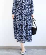 F1HGD01140 MK MICHEL KLEIN(小さいサイズ)(メゾン ドゥ サンク) 【小さいサイズ】花柄シフォンスカート/丈の長さが選べる/洗濯機で洗える/セットアップ対応 ネイビー