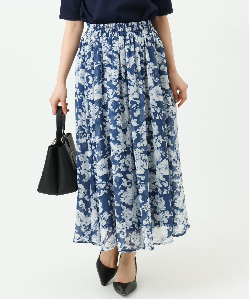 F1HGD03140 MK MICHEL KLEIN(小さいサイズ)(メゾン ドゥ サンク) 【小さいサイズ】花柄シフォンスカート/丈の長さが選べる/洗濯機で洗える/セットアップ対応 ブルー