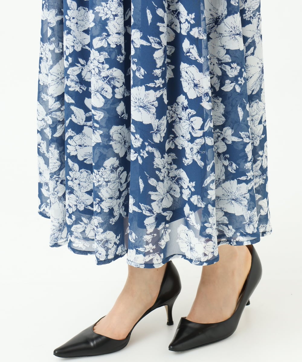 F1HGD03140 MK MICHEL KLEIN(小さいサイズ)(メゾン ドゥ サンク) 【小さいサイズ】花柄シフォンスカート/丈の長さが選べる/洗濯機で洗える/セットアップ対応 ブルー