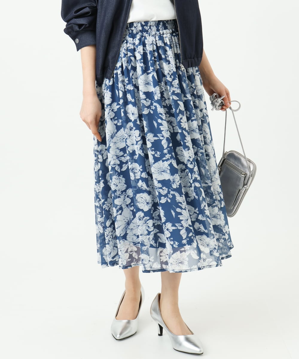 F1HGD03140 MK MICHEL KLEIN(小さいサイズ)(メゾン ドゥ サンク) 【小さいサイズ】花柄シフォンスカート/丈の長さが選べる/洗濯機で洗える/セットアップ対応 ブルー
