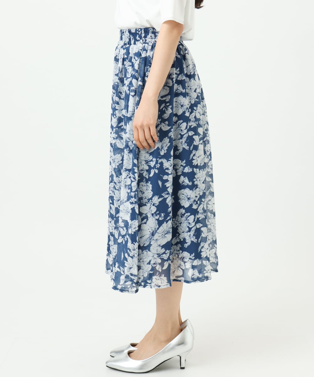 F1HGD03140 MK MICHEL KLEIN(小さいサイズ)(メゾン ドゥ サンク) 【小さいサイズ】花柄シフォンスカート/丈の長さが選べる/洗濯機で洗える/セットアップ対応 ブルー