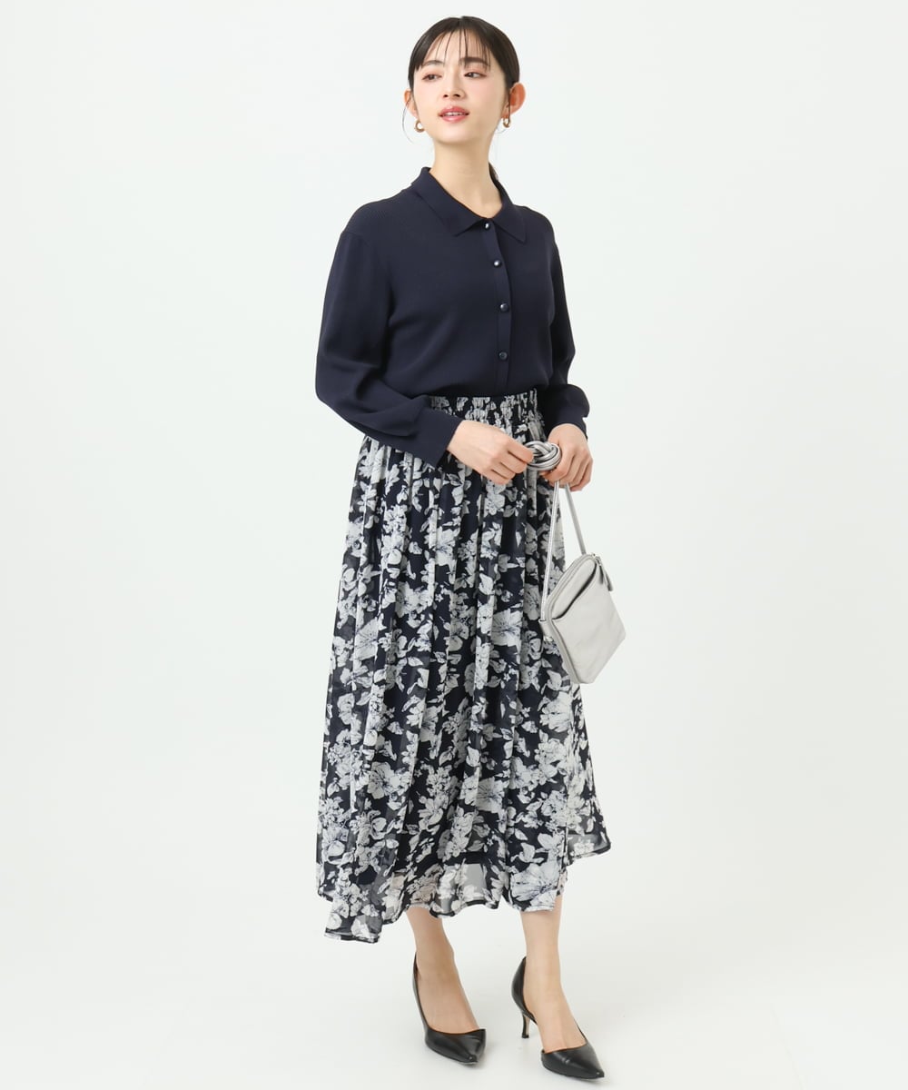 F1HGD03140 MK MICHEL KLEIN(小さいサイズ)(メゾン ドゥ サンク) 【小さいサイズ】花柄シフォンスカート/丈の長さが選べる/洗濯機で洗える/セットアップ対応 ブルー